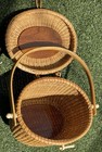 Vintage Wicker Sewing Basket W Wood Lid   Jeweled Handle Monogram Fdb 9   