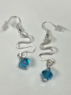 Swarovski Aquamarine Crystal Dangle Earrings Hammered Silver Plated Handmade Usa
