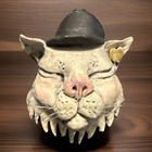 Vintage Tabby Cat In Hat Brooch Pin Clay Artist Hand Painted Handmade 1 Of 1