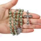 Green Pearl Beads Rosary Catholic Necklace Miraculous Medal Cross Crucifix