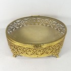 Vintage Jewelry Box Casket Hollywood Regency Gold Ormolu Bevel Glass Oval 7   