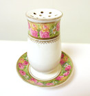 Antique Porcelain Hatpin Holder With Saucer Pink   Yellow Roses 