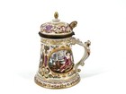 Antique Capodimonte Italy Porcelain Lidded Beer Stein Tankard   Footed Cup