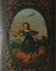 Antique Vtg 19th C 1840s Paper Mache Snuff Box W girl Blue Dress Portrait On Lid