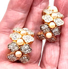 Vintage Gold Tone Simulated Pearls Pave Crystals 1 5  Semi Hoop Clip On Earrings