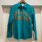 Vintage Western Wear Wrangler Teal   Gold Horse Print Button Down Shirt Sz Med