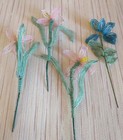 Vintage French Glass Seed Beaded 4 Stems -3 Pink And 1 Blue Flower   Leaves 