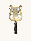 Antique Brass Fireplace Trivet Kettle Stand Lyre Design Wood Handle Hearth