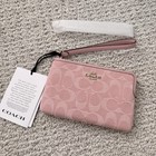 Nwt Coach Corner Zip Wristlet In Signature Denim Gold light Pink Cdf27 Wallet