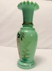 Vintage Victorian Hand Blown   Painted Green Glass Floral Vase W Ruffled Rim
