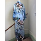 Vintage Made In Japan Kimono Robe One Size Blue Geisha Floral Satin Loungewear