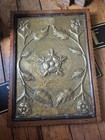 Antique Old Arts And Crafts Nouveau Brass Plaque Pannel Flowers Tudor Rose