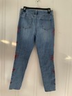 Women s Skinny Slim Fit Blue Denim Jeans Red Floral Embroidered Studded L