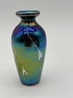 Vintage Cobalt Iridescent Art Glass Vase Blue Bud Vase White Dots