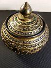 Vintage Round Carved Wooden Trinket Box Lid Jewelry Box Green Black Gold Tone