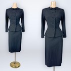Vintage 50s Lilli Ann Black Wool Crepe Skirt Suit Peplum Hourglass Jacket Set