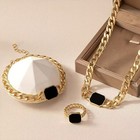 Gold Wide Chain Square Black Cz Cuban Chain Necklace   Bracelet And Ring Sets