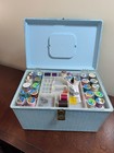 Blue Plastic Sewing Box Storage Craft Case With Handle And Latch