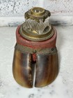 Rare Antique Victorian Large Hoof Inkwell Brass Manganese Glass Desktop Office