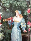 Gorgeous Vintage Large Die Cut Of Man   Woman In Castle Garden W  Foxes   Birds
