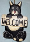 Vintage Folk Art Wood Black   White Cat With Paws Over Welcome Sign Wall Art 9 