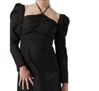 Black Solid Halter Neck Ruched Midi Dress Long Puff Sleeves Womens S