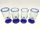 Vintage Set Of 4 Hand Blown Mexican Cobalt Rimmed Goblets Wine Water Glasses