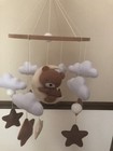 Baby Mobile With Sleeping Bear Handmade Felt Moon Stars Clouds Brown Nursery