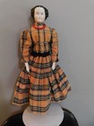 14  Antique China Porcelain Head Doll Civil Was Flat Top Hair Cloth Body Dress