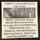 1958-d  Lincoln Cent Memorial Reverse By Daniel Carr W coa Moonlight Mint  