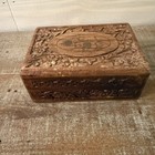 Vintage India Wooden Hand Carved Jewelry Trinket Box Hinged Lid Rustic Boho