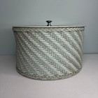 Vtg 60s Harvey Wicker Woven Lidded Sewing Basket  Box Cottage Floral Top Decal