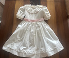 Vintage Le Crispine Girls White Party Dress Pink Bow Sz 6 Pleated Smocked Cotton