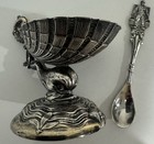 Rare Antique 800 Silver Ornate Dolphin Scalloped Salt Cellar   Figural Spoon