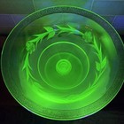 Vintage Antique Uranium Green Wheel Cut Glass Large 8 5 Footed Bowl W  gold Trim