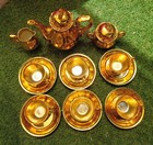 Vtg Japan Lusterware Musical Box   Miniature Tea Set  Gold Ceramic 15pc  works