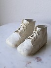 Vintage 1950s White Leather Baby Shoes Infant Lace Up Booties Perforated Detail