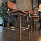 Set Of 2 Mid Century Modern Scandi Bar Stools Brown Faux Leather Solid Wood Base