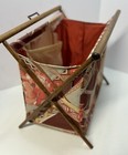 Vtg Mcm Sewing Caddy Basket Yarn Bag Folding Flat Wood Frame Fabric W  Hang Tab