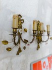 Antique Pair Wall Light Sconces Bronze Brass 1930 Porcelain Flowers Foliage