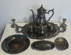 Mixed Lots Antique Silverplate Lot  Tea coffee Pot  Tray  Candlesticks  Flatware