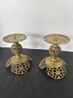 Vintage Brass Filigree Pillar Candle Holders  set Of Two 