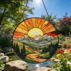 Mountain Stained Glass Suncatcher  Sunset Window Hanging Art  Nature Lover Gift