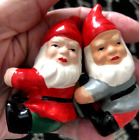 Set 2 Pair Mcm Vtg Xmas Red Gnome Elf Candle Huggers Ceramic Hand Painted