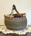 Vintage Large Hand Woven Bolga Pot Basket With Leather Wrap Handle Ghana Artisan