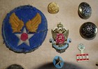 Junk Drawer Lot  23 Items  Metal Toy Plane  Military Patch  Buttons  Medals  Etc