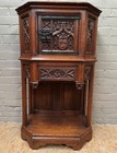 Antique French Gothic Carved Oak Cabinet Heraldic Crest Iron Hardware