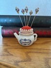 Vintage Papel Porcelain Pin Cushion Teapot Shaped    grandmother    W  5 Stick Pins
