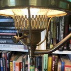 Antique Victorian Brass Electric Double Student Lamp   Cased Ribbed Glass Shades