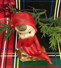 Rare  Vintage 1950s Made In Japan Glazed Ceramic Red Pixie Elf Sitting On A Log
